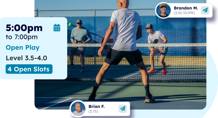 Graphic of the Pickleheads scheduling tool with a photo of people playing pickleball