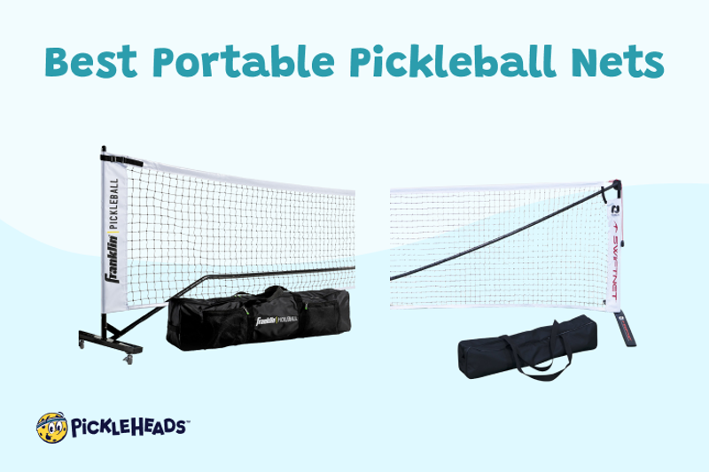 Two of the best portable pickleball nets in 2024: the the Dominator Rolling Portable Pickleball Net on a blue background