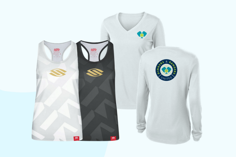 An image of several different pickleball shirts