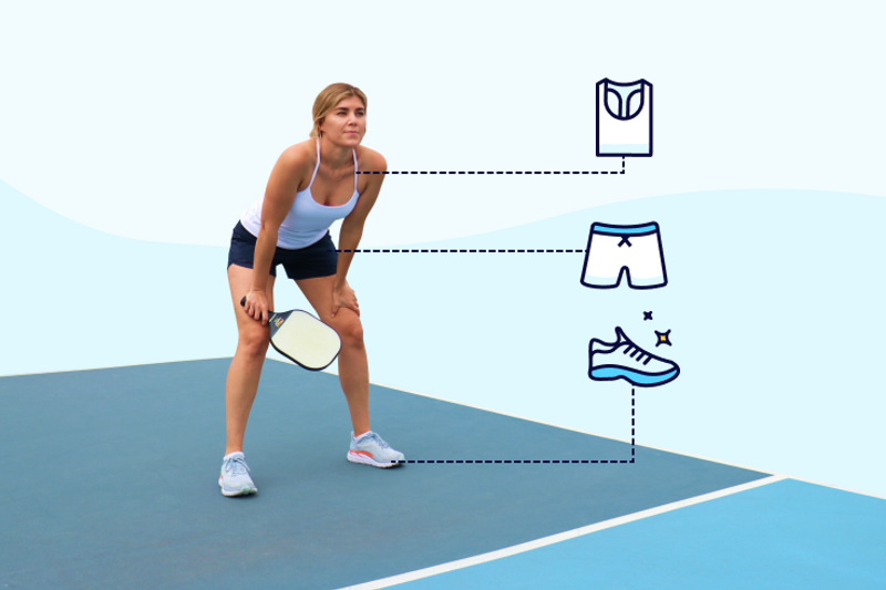 A labeled image of a player, showing the different categories of pickleball clothing they're wearing